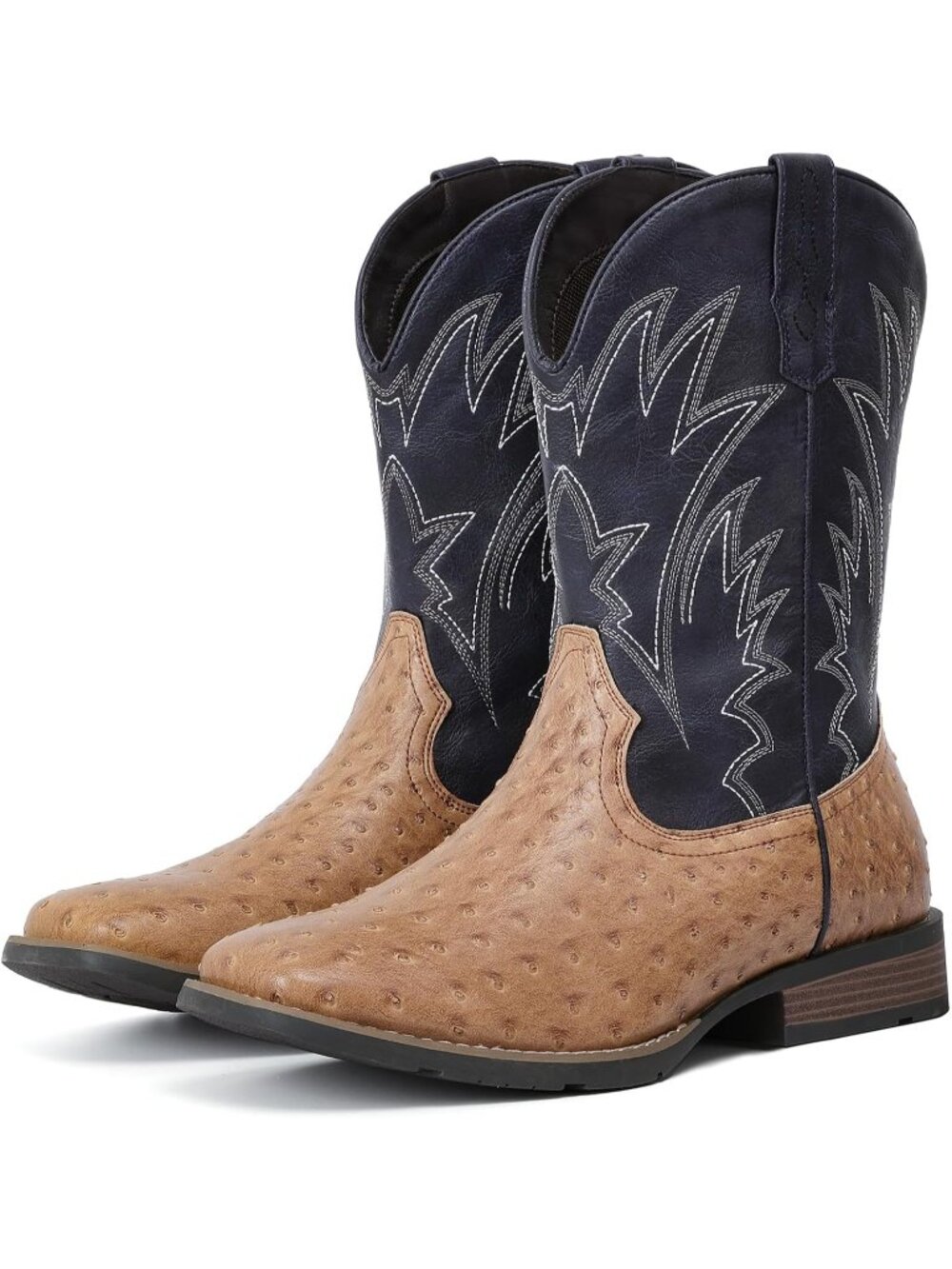 🆕Men's Brown Khaki Cowboy Boots Western Ostrich Wide Embroidered Pull On